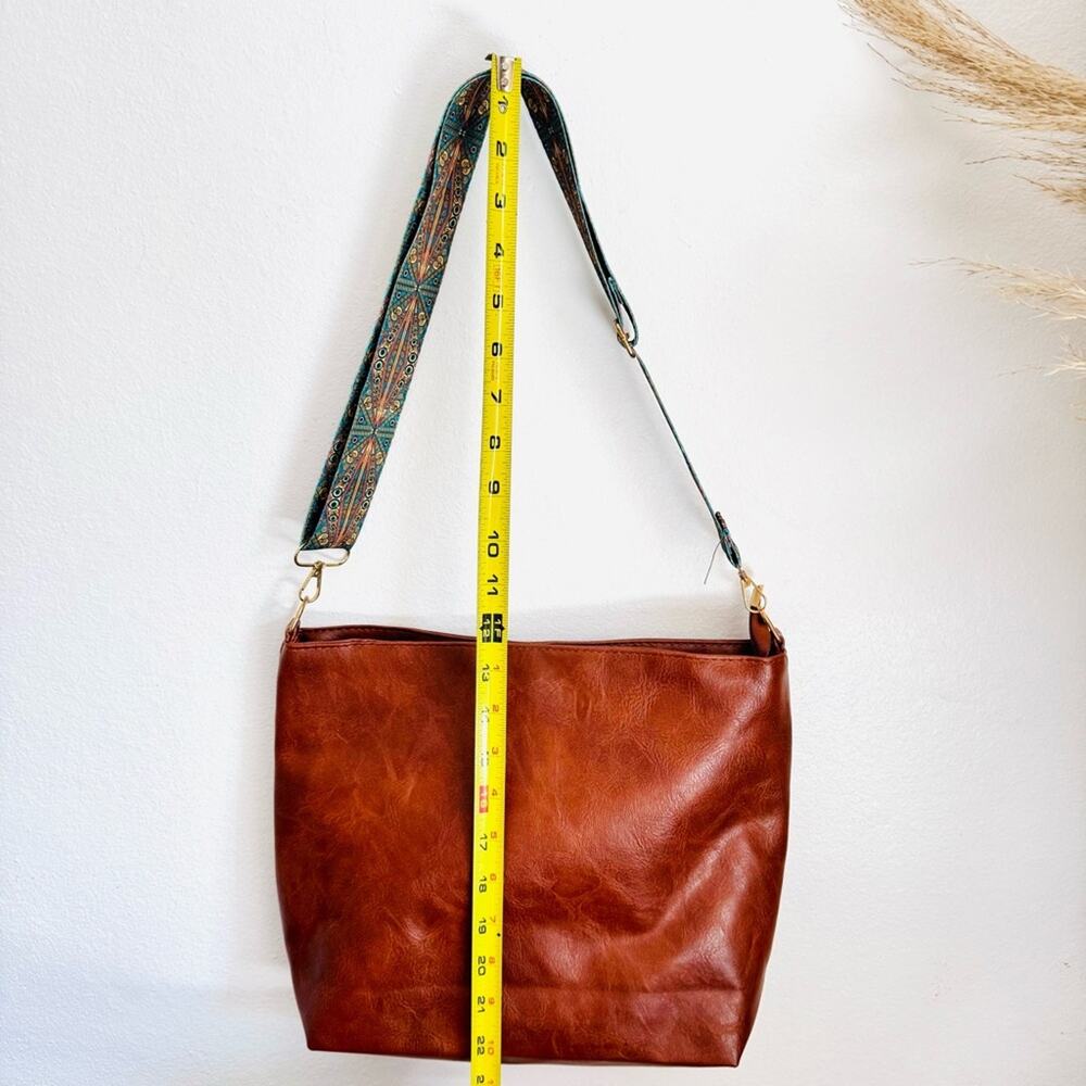 NEW FREE PEOPLE Brown Vegan Faux Leather Blue Strap Purse Tote Shoulder Bag - Picture 10 of 12